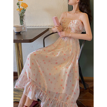 Plum cooked temperament gentle design sense niche shoulder fairy dress womens collar floral suspender skirt autumn