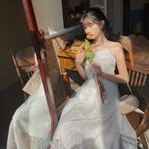 Plum cooked literary Lady temperament fairy air suspender skirt female medium long high waist French romantic mesh lace dress