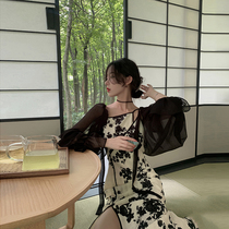 Plum cooked the national wind flower side open fork qipao pendant with skirt waist display slim snowspun and dress lady 2021 new