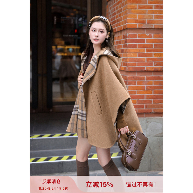 Off-Season Clearance: Old Money Style, Lazy Plaid Two-Tone Hooded Double-Sided Wool Shawl, New Cape Coat
