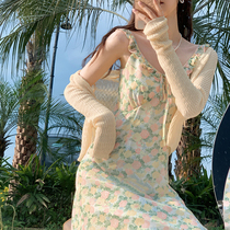 Plum cooked with bow tie lacing broken flower pendant with skirt woman 2021 new cashew slim snowspun one-piece dress