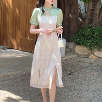 Plum Cooked the Temperament Splicing Improved Qipao Woman 2021 The new sashimi is set with a fork-breaking flower-and-dress dress