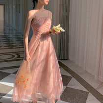 Plum ripe French literary first love suspender dress female long sweet romantic Super fairy mesh dress