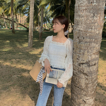 Plum cooked French small square collar lace shirt female design sense small lace shirt fairy long sleeve top