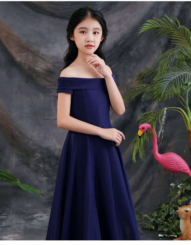 Mùa thu đông 2018 cô gái mới ăn tối váy váy một từ vai violon trang phục cho trẻ em váy dạ hội dài set vest 3 món cực chất cho bé trai