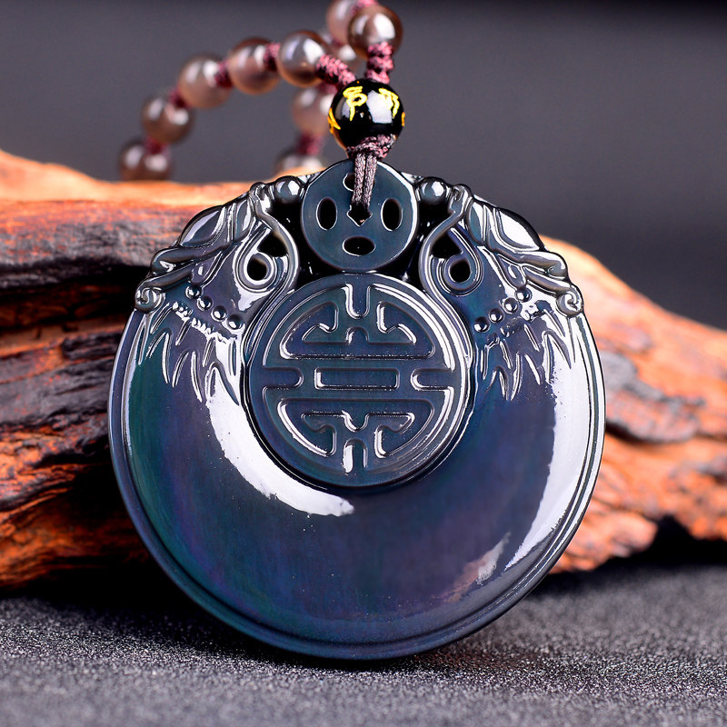 Open light natural rainbow eye obsidian double lin hanging seal men and women pendant 2020 Year of the Rat Zodiac mascot is a cow
