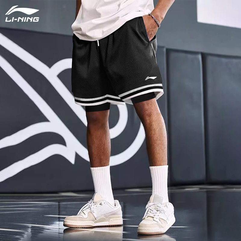 Li-Ning Basketball Shorts for Men, Summer American Style, Faux Two-Piece, Quick-Drying, Sports Running Fitness Anti-Exposure Quarter Shorts for Women