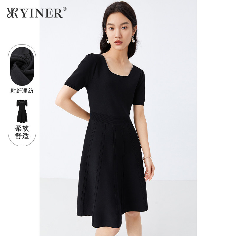 (Hepburn Little Black Dress) YINER Music Counter Women's 2022 Summer 3km Knit Dress