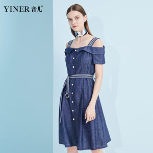 影儿YINER音儿女装2019夏季新款一字领背带牛仔连衣裙8C39205210