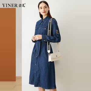 影儿YINER音儿女装2019秋季新款单排扣系带牛仔连衣裙