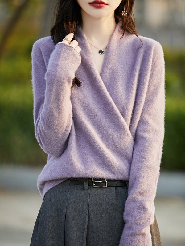 Autumn and Winter Cross V-Neck 100% Pure Wool Sweater for Women, Versatile Long-Sleeved Knitted Sweater, Loose Wool Sweater, Kimono Top
