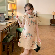 Original childrens clothing girls Chinese style cheongsam dress summer wear new childrens new Chinese style imitation Tencel petal sleeve dress