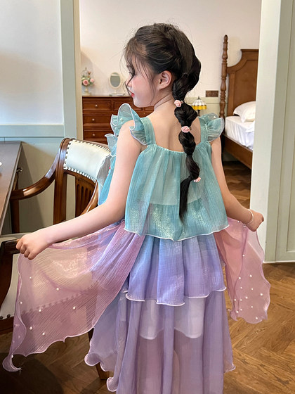 栀了成长记童装女童美人鱼公主裙夏装儿童小女孩彩虹渐变连衣裙