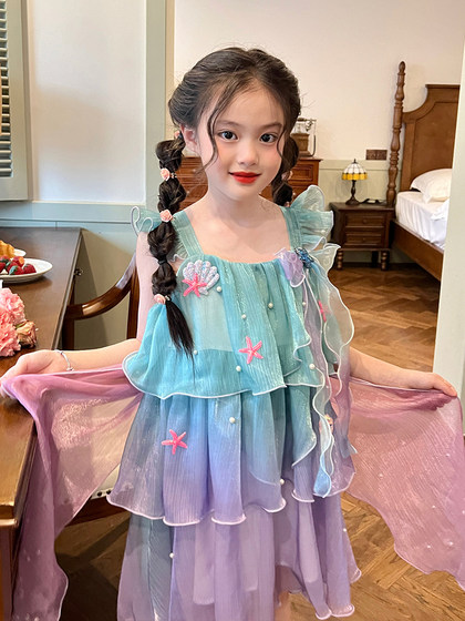栀了成长记童装女童美人鱼公主裙夏装儿童小女孩彩虹渐变连衣裙