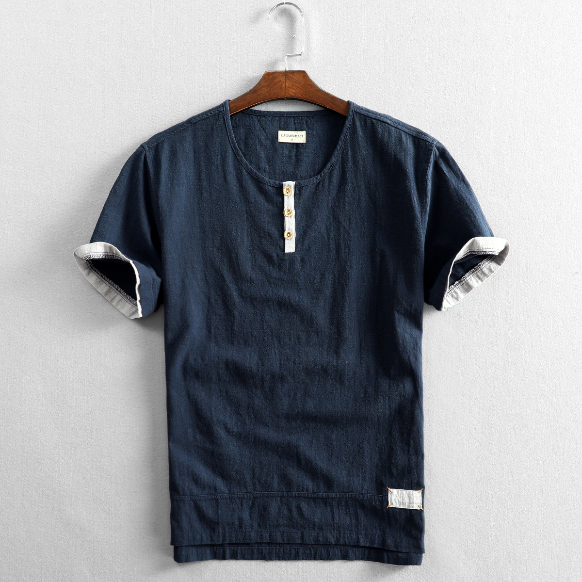 Deep Bluesummer man leisure time flax shirt Short sleeve Thin Condom literature Cotton hemp material Retro No collar Chinese style shirt