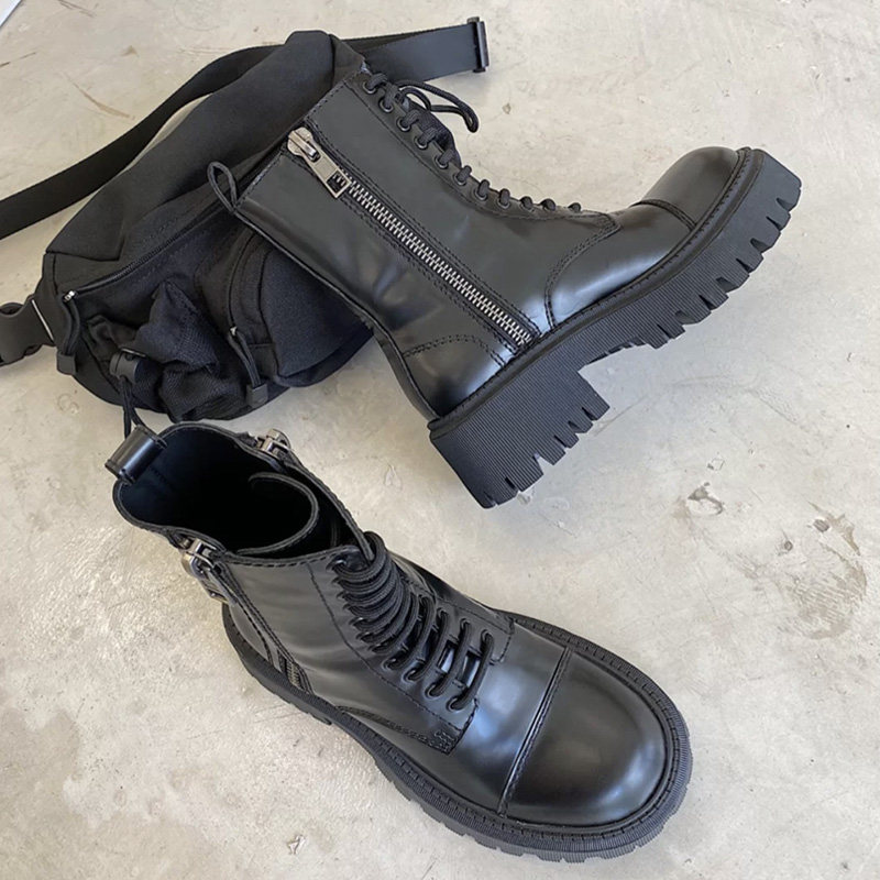 Paris b family Martin boots 2021 spring and autumn double zipper short boots women's heightened thick bottom British black slim mid-calf boots