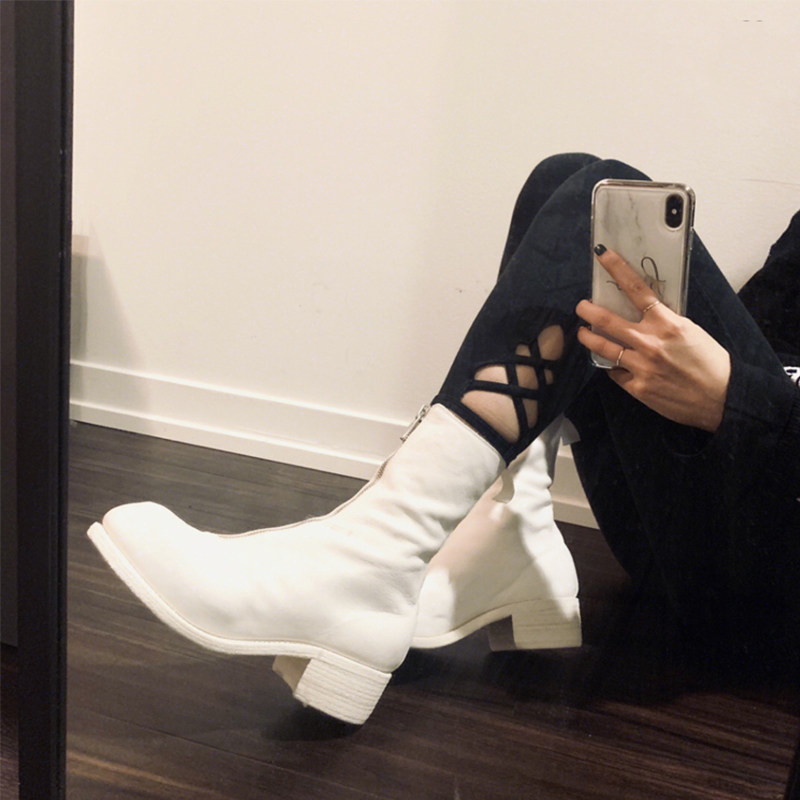 White Martin boots woman 2021 Spring and autumn thin Ghost pl2 front laced short boots coarse heel midcylinder guidi boots