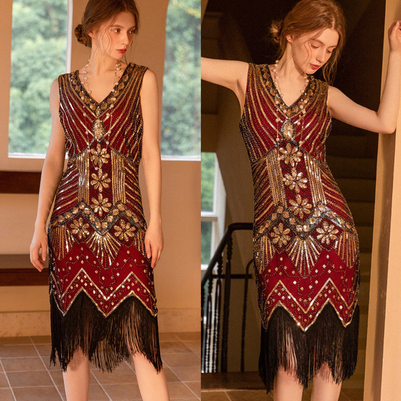 New Toast Dress, Retro Sequined Tassel Dress, Party Burgundy Evening Dress, V Neck Cocktail Party Dance Dress New Toast Dress, Retro Sequined Tassel Dress, Party Burgundy Evening Dress, V Neck Cocktail Party Dance Dress