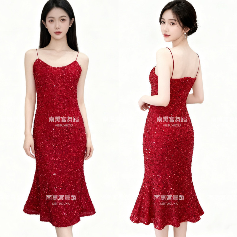 French-Style Light Luxury New High-End Women's Dress with Heavy Sequins, Shiny, Niche, Slim-Fitting Red Spaghetti Strap Dress