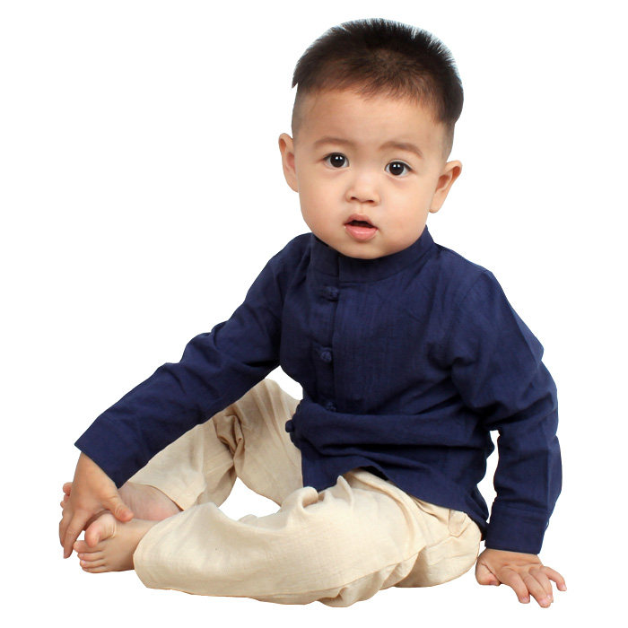 Boy shirt with long sleeves cotton numb baby lining clothes spring and autumn children suit retro disc buckle upright collar dont blouses Handwear