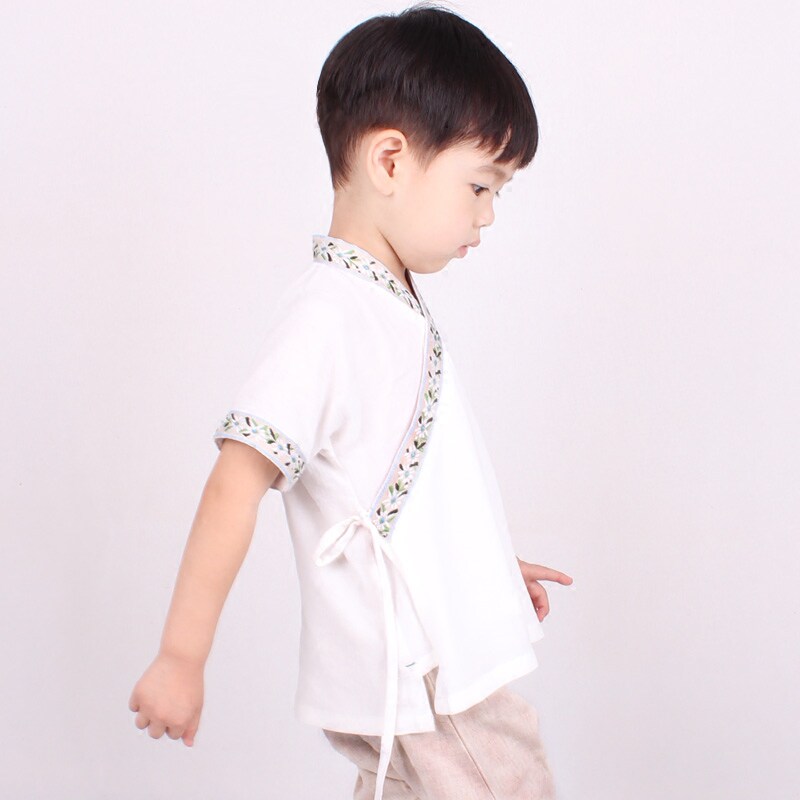 Summer money for children Han clothes male and female short sleeves thin section Improved small monk clothing Daily summer cotton linen embroidered blouse