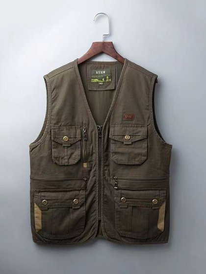 男士马甲外套纯棉中老年春秋马夹宽松坎肩户外多口袋爸爸钓鱼背心