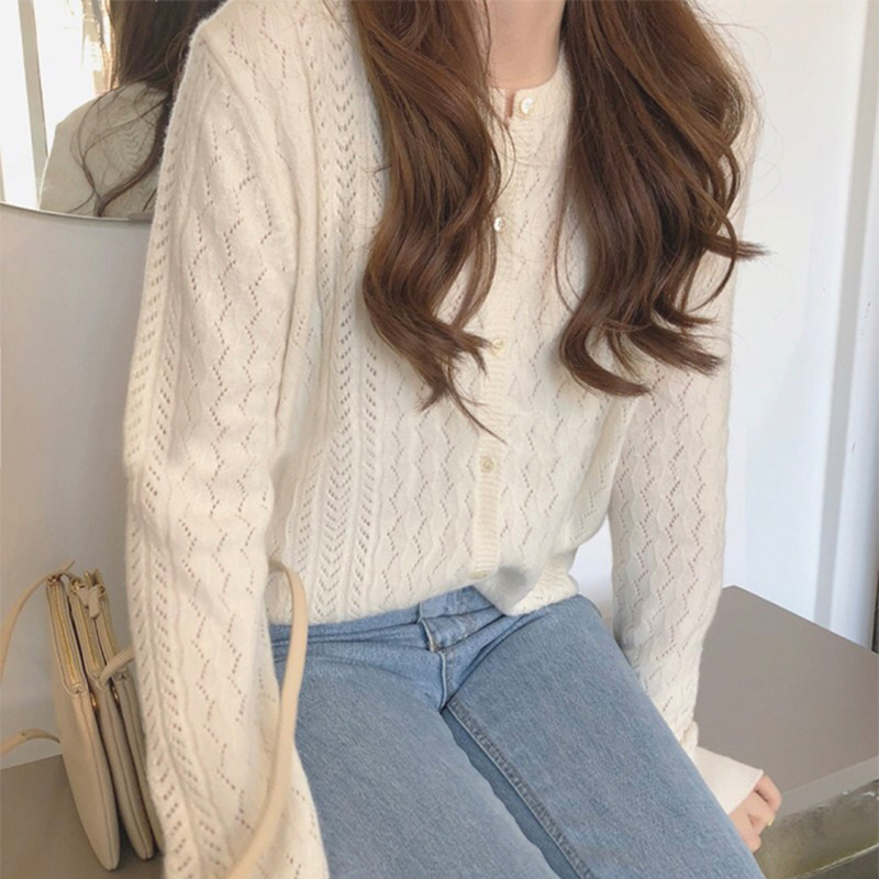 2019 Korean version of early autumn new round neck hollow sweater cardigan women's short loose knitted cardigan fashion jacket