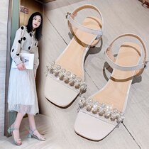 fashion sandals womens 2021 new summer rhinestone pearl Roman shoes fairy wind word buckle belt thick heel evening shoes