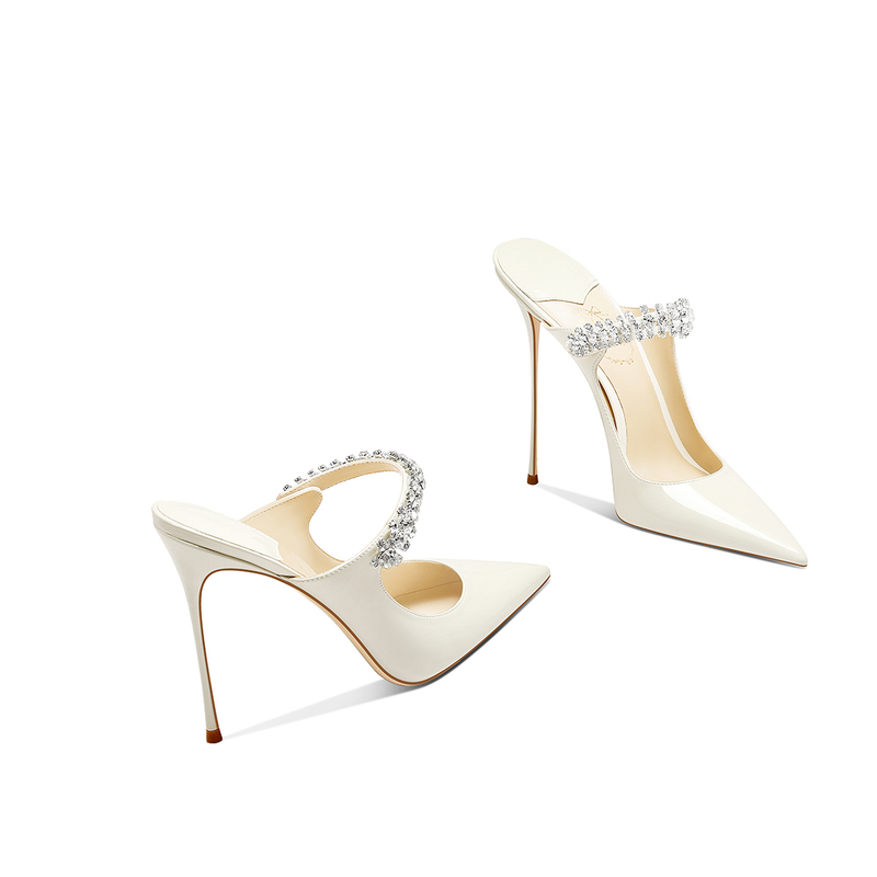 Off-White Patent Leather Elegant Ladylike Rhinestone High Heels with Skirt 2026 Spring New Pointed Toe Stiletto Heels for Women