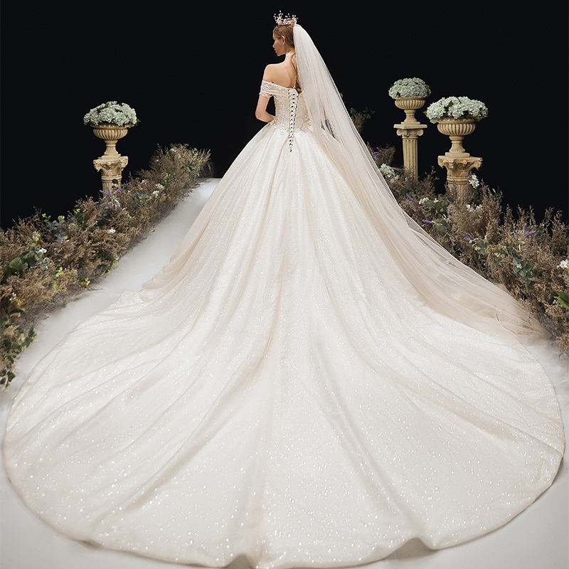 Main wedding dress 2020 new Hepburn -style bride, a small one shoulder, a luxurious drag champagne color wedding dress Main wedding dress 2020 new Hepburn -style bride, a small one shoulder, a luxurious drag champagne color wedding dress