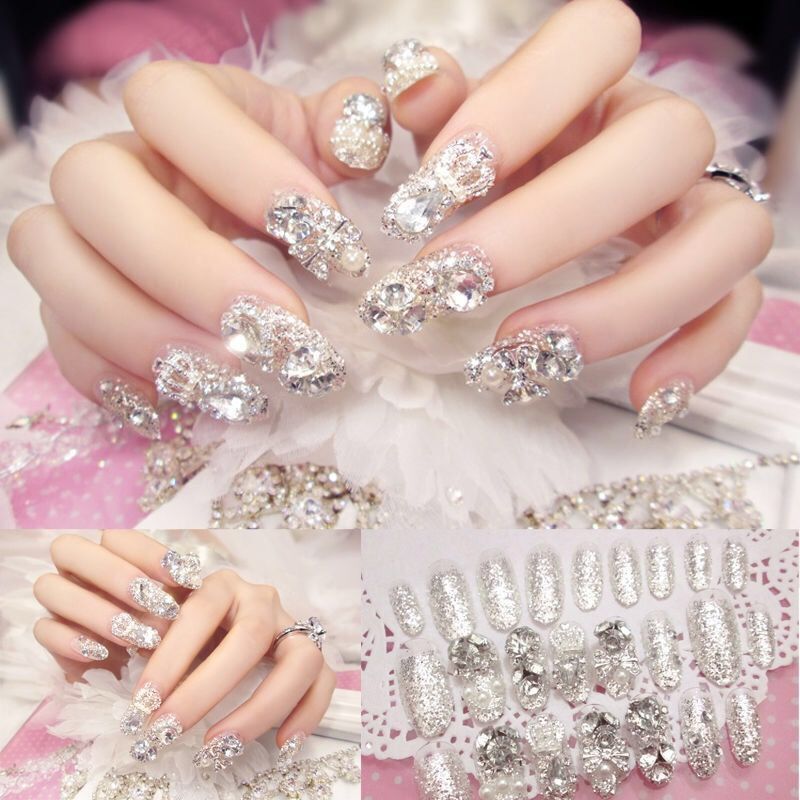 Wearable Nails, Finished Fake Nails, Bridal Nail Pieces, with Rhinestones, Long Nail Art Patches, Detachable Fake Nails