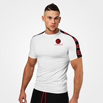 European and American muscle male brothers striped sports T-shirt shoulder sleeve round neck cotton running fitness training short sleeve elasticity