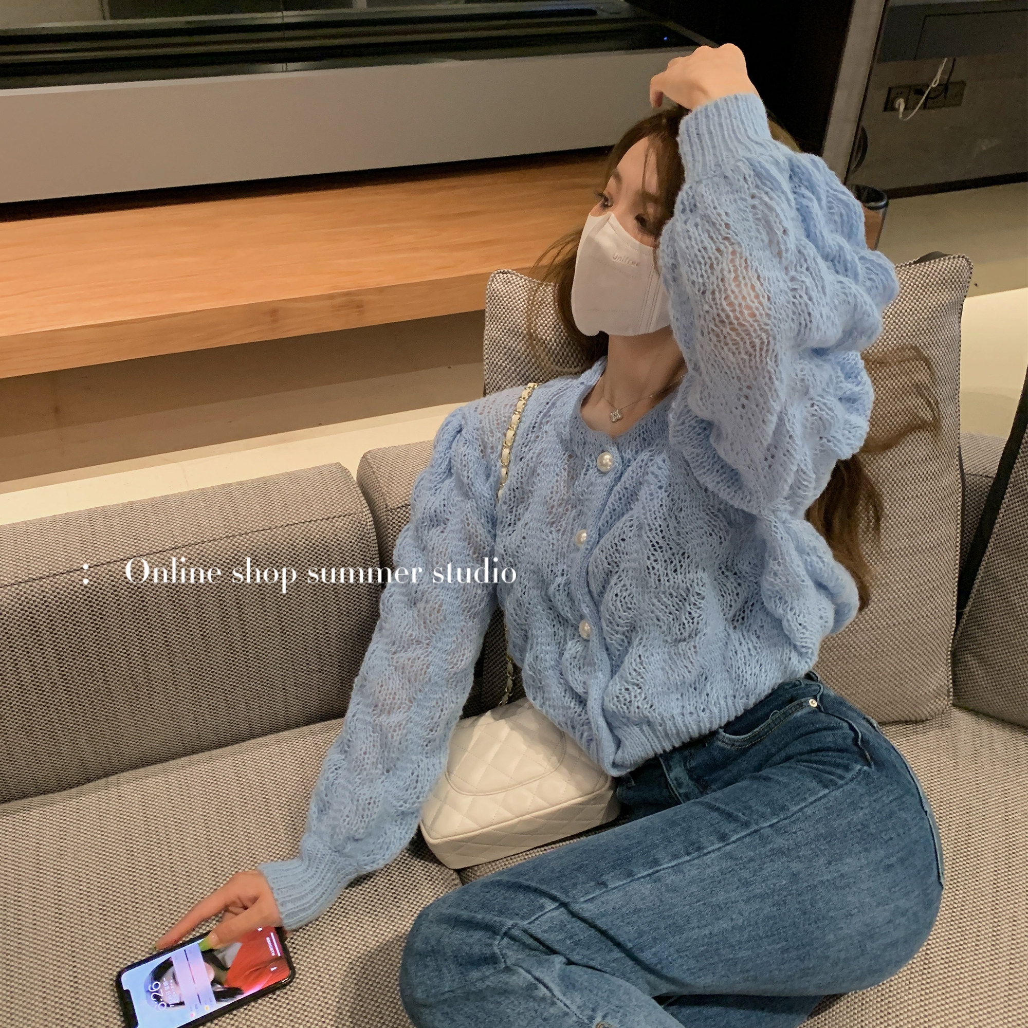 (50% discount for internal purchase clearance) summer home pearl buckle hollow twist lantern sleeve knitted cardigan coat sweater female