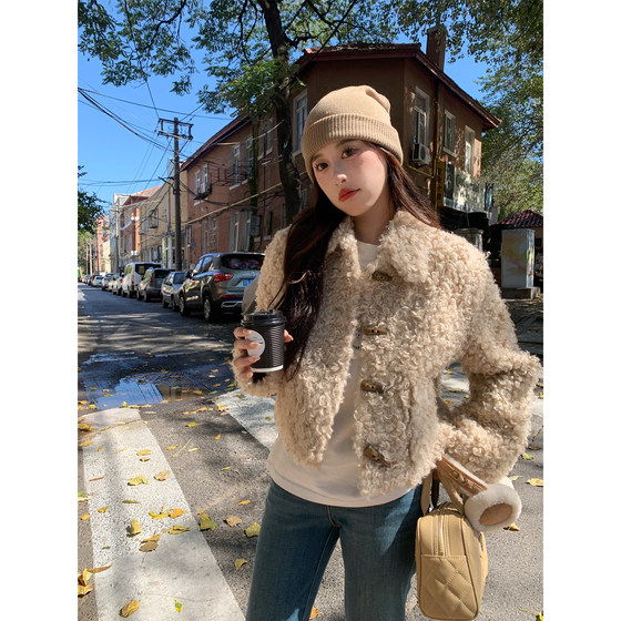 Xiajia Autumn and Winter Teddy Bear Circle Furry Short Fur One-piece Lambswool Jacket Women's Horn Button Top