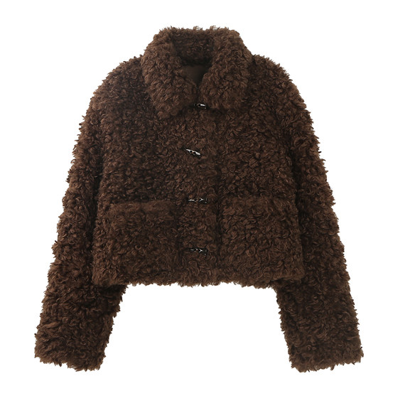 Xiajia Autumn and Winter Teddy Bear Circle Furry Short Fur One-piece Lambswool Jacket Women's Horn Button Top