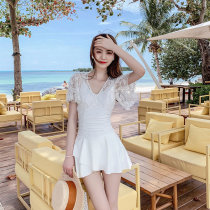 White new slim swimsuit women belly skirt conservative small chest gathered hollow short sleeve arm cover Korea holiday
