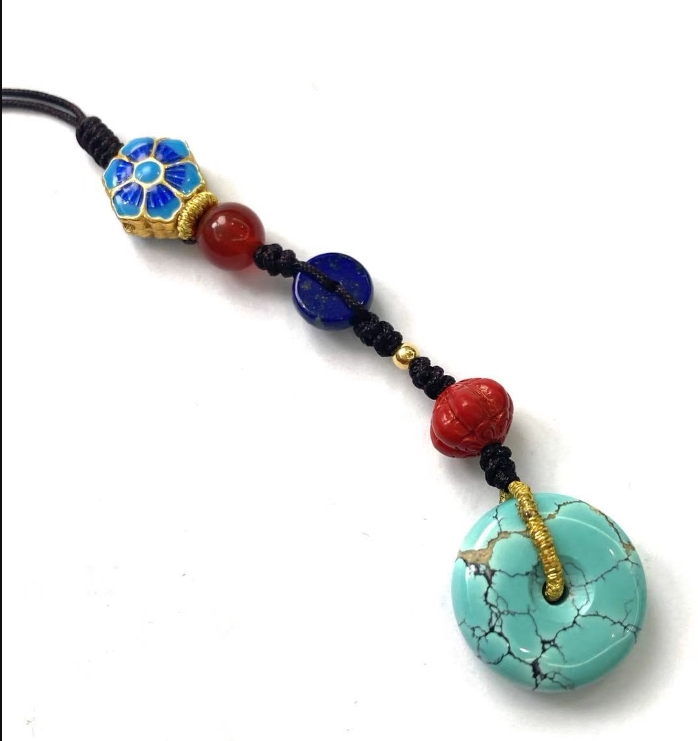 Hong Kong Amberman Hubei green pine safety buckle bread beads lapis lazuli cinnabar lotus beads woven mobile phone chain