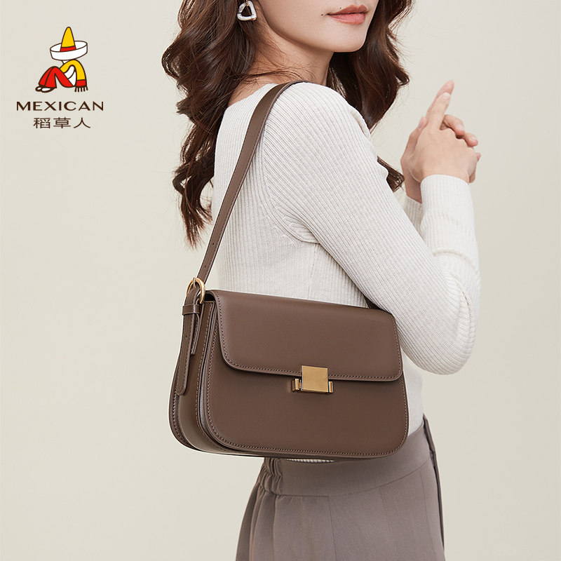 Rice straw man bag Bull Leather 100 Lap Single Shoulder Bag Commuter Skew Satchel Bean Curd Bag Small Square Bag Genuine Leather Armband Woman Bag-Taobao