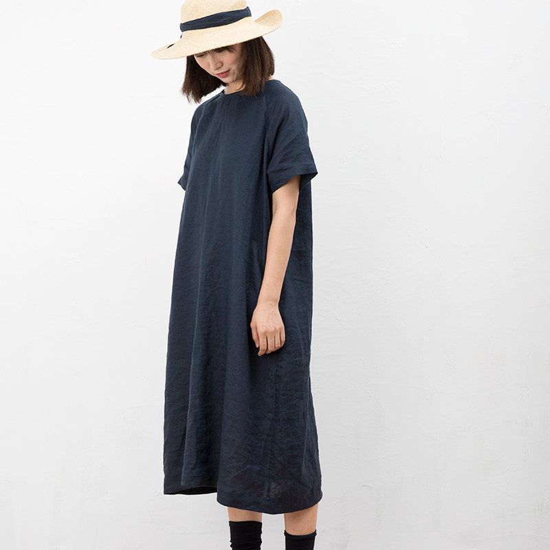 NTMY French Linen Dress French Linen Dark Blue Raglan Sleeve Dress Spot]
