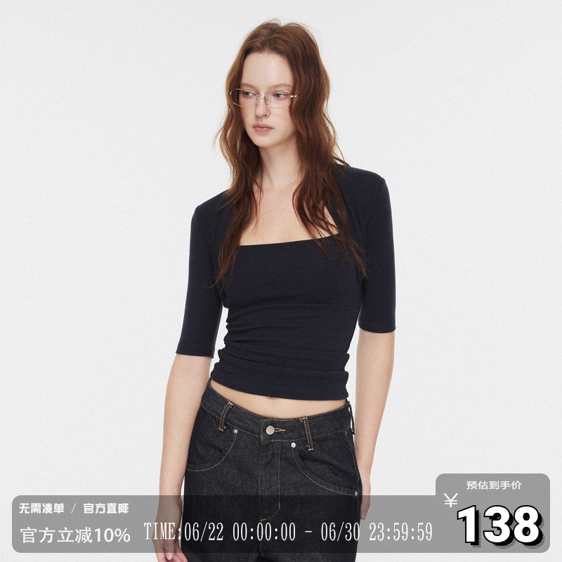 Codice Lab Summer Bamboo Pattern Sleeveless Long-Sleeve Fake Two-Piece Slimming Versatile Base Layer Mid-Sleeve Top