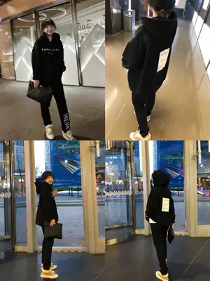 BORAKOO Korea East Gate 18 Autumn/Winter Black Thick Letter Hooded Sweatshirt Elastic Waist Casual Pants Set