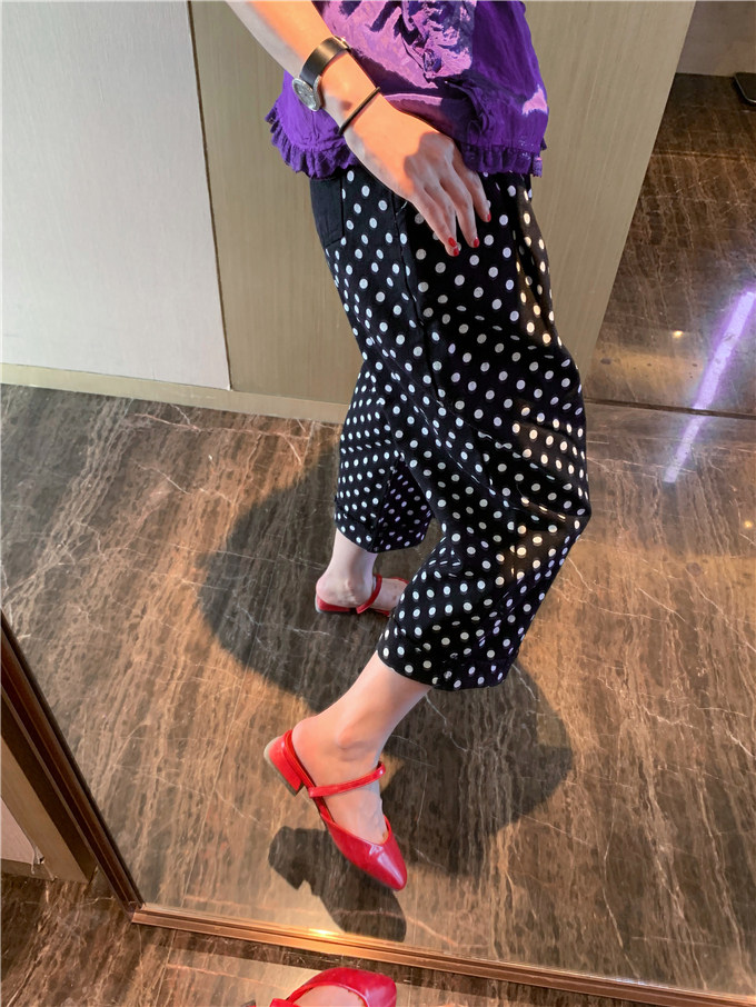 Special BORAKOO Korea Dongdaemun Summer Black Polka Dot Elastic Waist Loose Denim Casual Pants