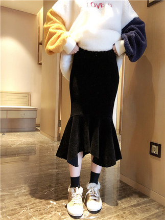 BORAKOO Korea Dongdaemun Winter Black White Velvet Elastic Elastic Waist Fishtail Skirt