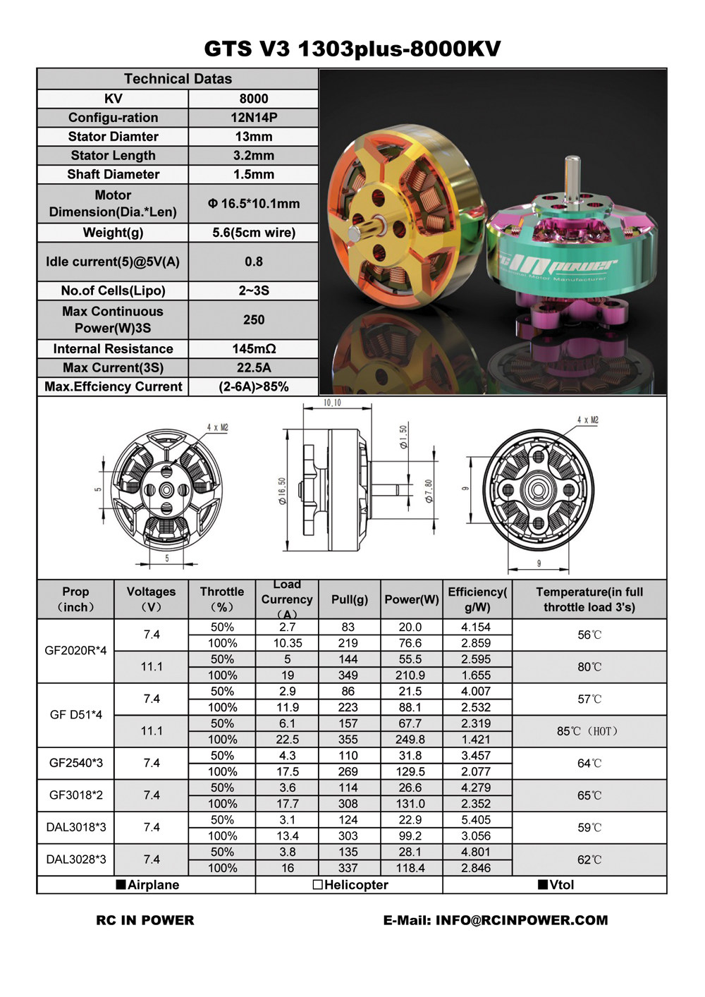 RCinpower GTS V3 1303 Plus High KV Brushless Motor, 6000/8000/11500KV Options fo