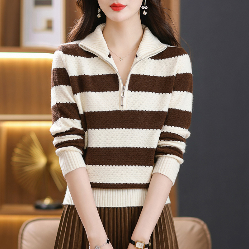 Half-Zip Lapel Sweater for Women 2026 New Spring and Autumn Outerwear Color-Block Striped Top Autumn and Winter Knitted Base Shirt
