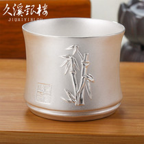 Jiuxi silver building S999 foot silver tea cup bamboo newspaper Ping An frosted pure silver tea tea tea cup master cup large capacity 50ml