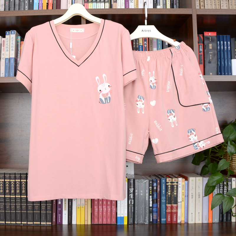 Large size pajamas Xia fat MM woman 200 pounds can wear pure cotton loose and weigh up two sets of V - lead home suits