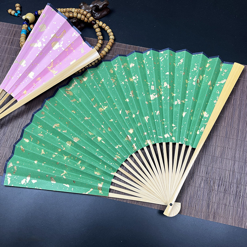 Antique April with the same style of dark green pink color sprinkled with real gold foil jade bamboo folding fan Hanfu performance Wenwan folding fan