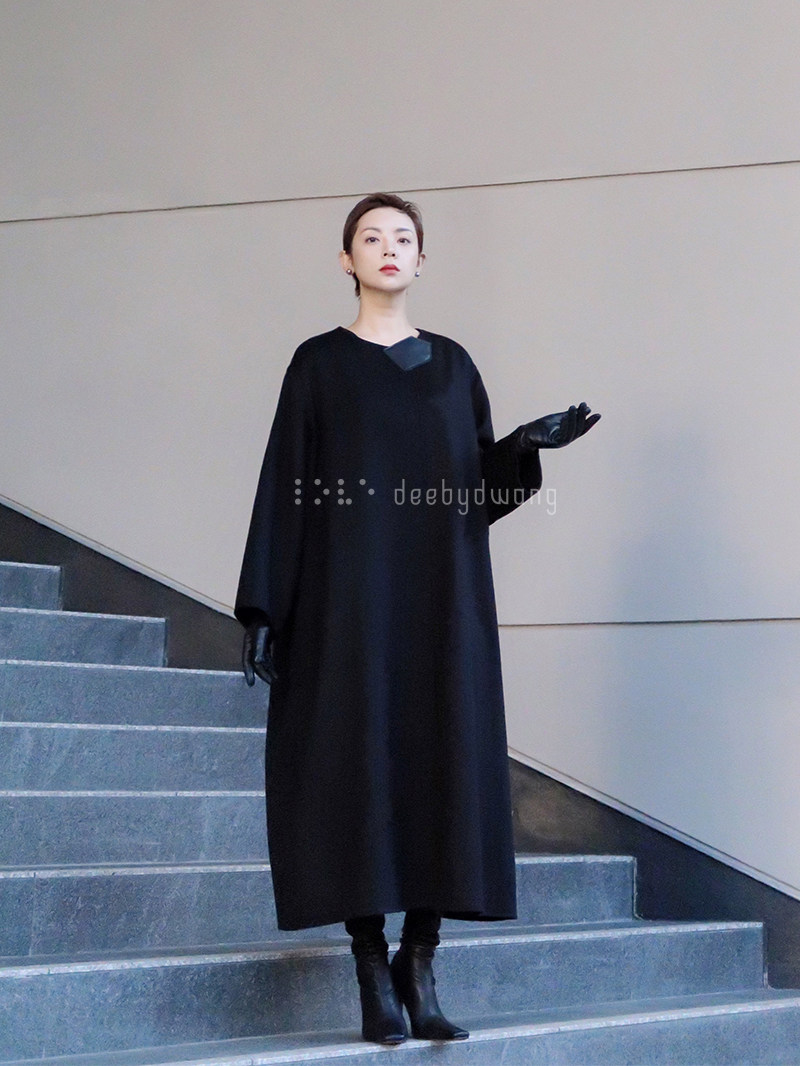 deebydwang black cape profile Australian wool double sided wool long coat jacket superior temperament elegance