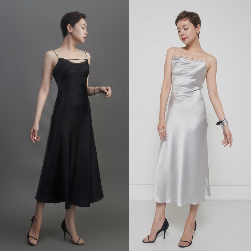 deebydwang early spring new 28mm heavy weight silk suspender skirt hanging folding collar elegant line sense